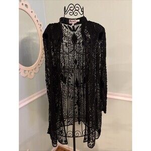 Vtg 80s Tan Chho Embroidered Sequin LnLong Duster Black Sequin‎ 6D